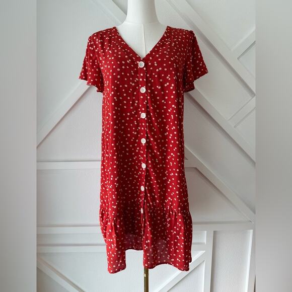 L Love Red Micro Floral Button Front Dress Size Small - Picture 1 of 10